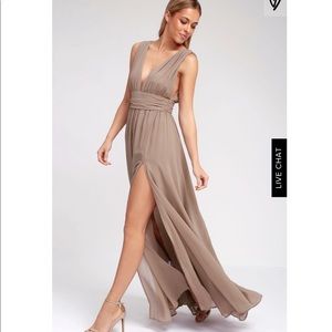 Taupe maxi dress with front slit and deep V